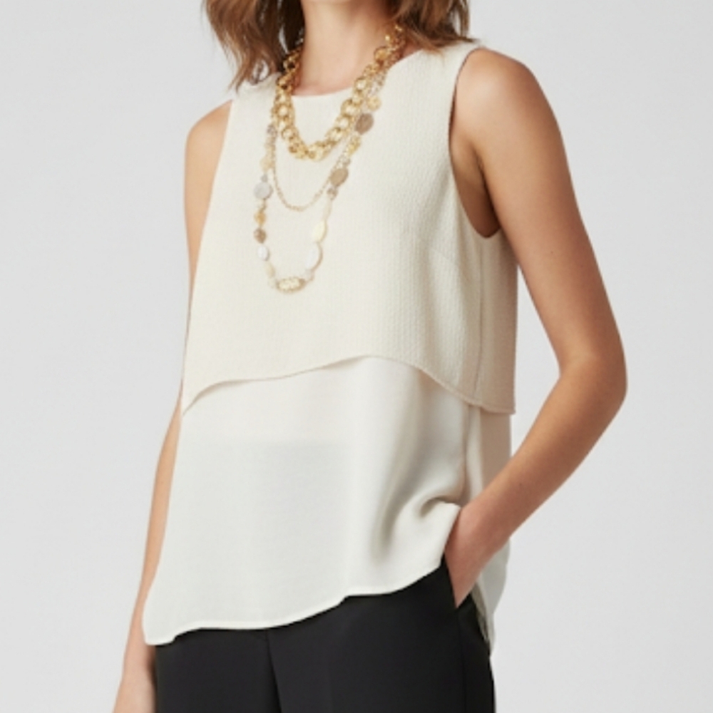 MANGO Ivory Layered Shimmery Crepe Mixed Fabric Sleeveless Top Size M